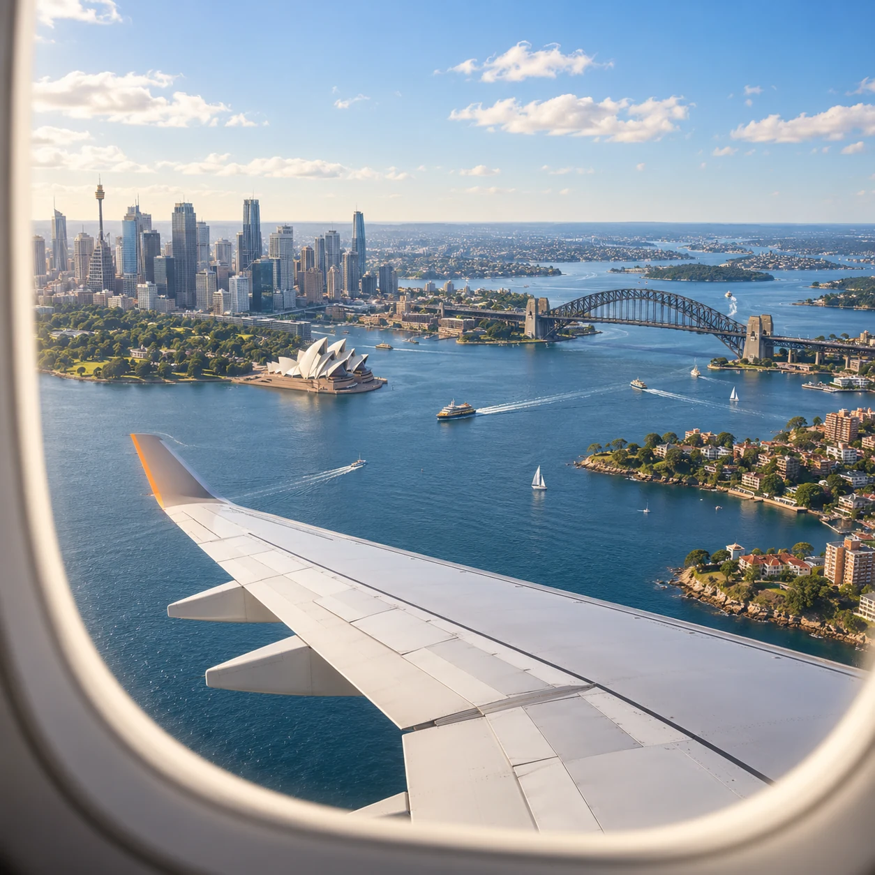 AI-generated travel illustration of an aircraft wing through a window overlooking Sydney Harbour, the Opera House and Harbour Bridge